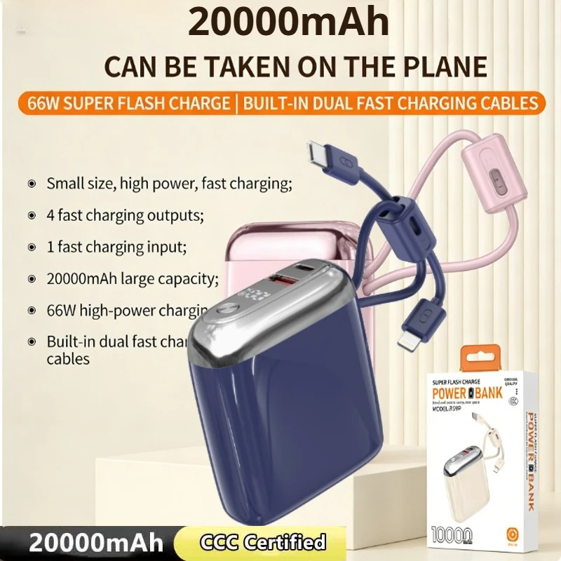 Mini Power Bank da 20000 mAh Batteria certificata CCC a ricarica super veloce da 66 W con cavo per Samsung iPhone Xiaomi Huawei