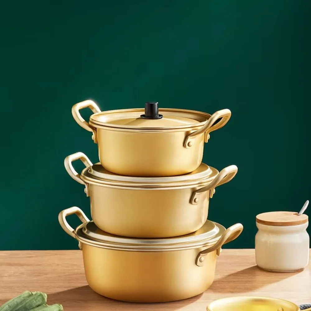 Gold Ramen Noodle Pot Aluminum Double Ears with Lid Soup Hot Pot Easy To Clean Universal Noodle Cooking Induction Cooker Gas