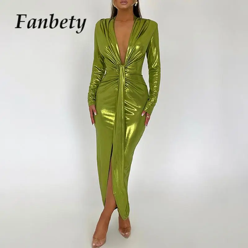 

Fashion Bodycon Folds Bright PU Dresses Banquet Female Long Sleeve Formal Party Dress Women Sexy Deep V-neck Split Long Dress