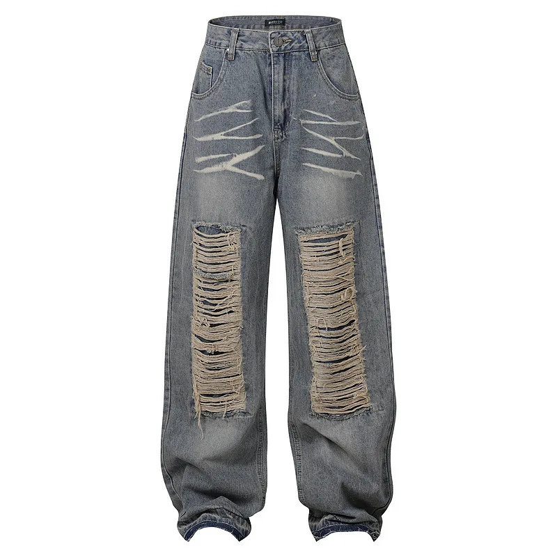 

Мужские потертые джинсы в стиле High Street, Модные свободные рваные джинсовые брюки в стиле хип-хоп, винтажные мешковатые потертые джинсы