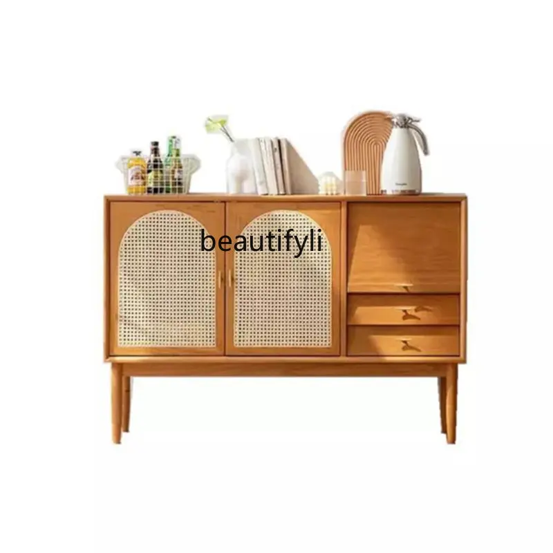 

Nordic Solid Wood Sideboard Japanese Simple Modern Rattan Locker Small Apartment Living Room Entrance Tea Cabinet furniture