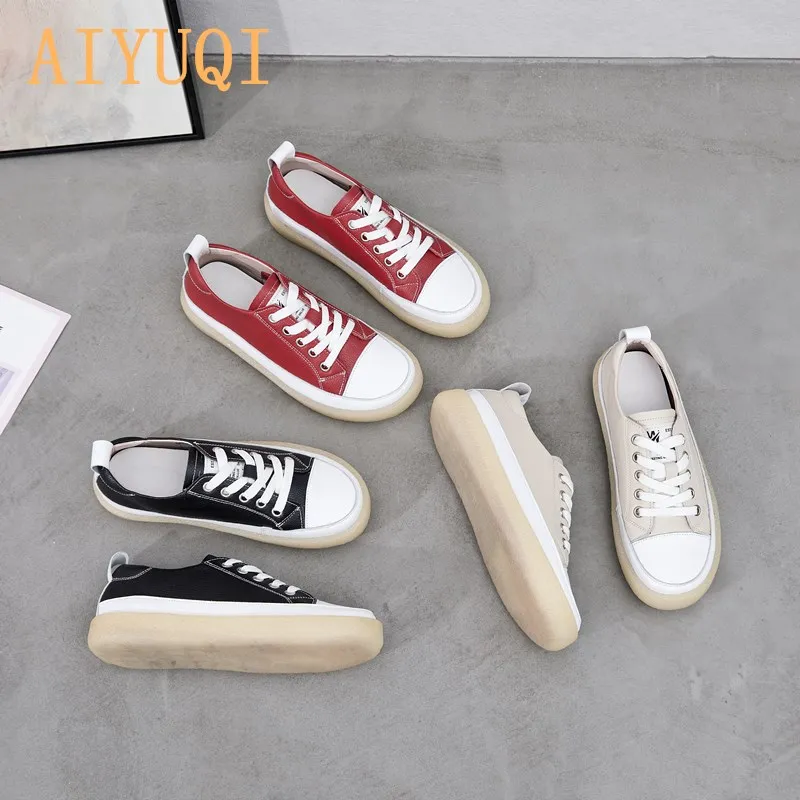 Women Spring Shoes 2024 New Genuine Leather Trend Color Matching Women Shoes Flat Bottom Lace-up Casual Girl Student Shoes