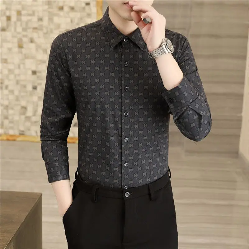 Spring Autuspringmn New Printing Fashion Long Sleeve Shirt Man High Street Casual Loose Button England Office All-match Cardigan