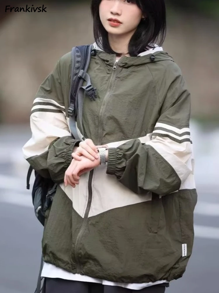 

Women Jackets Contrast Color Hooded New Fashion Versatile Leisure Aesthetic Streetwear Students Sun-proof Baggy Classic Daily