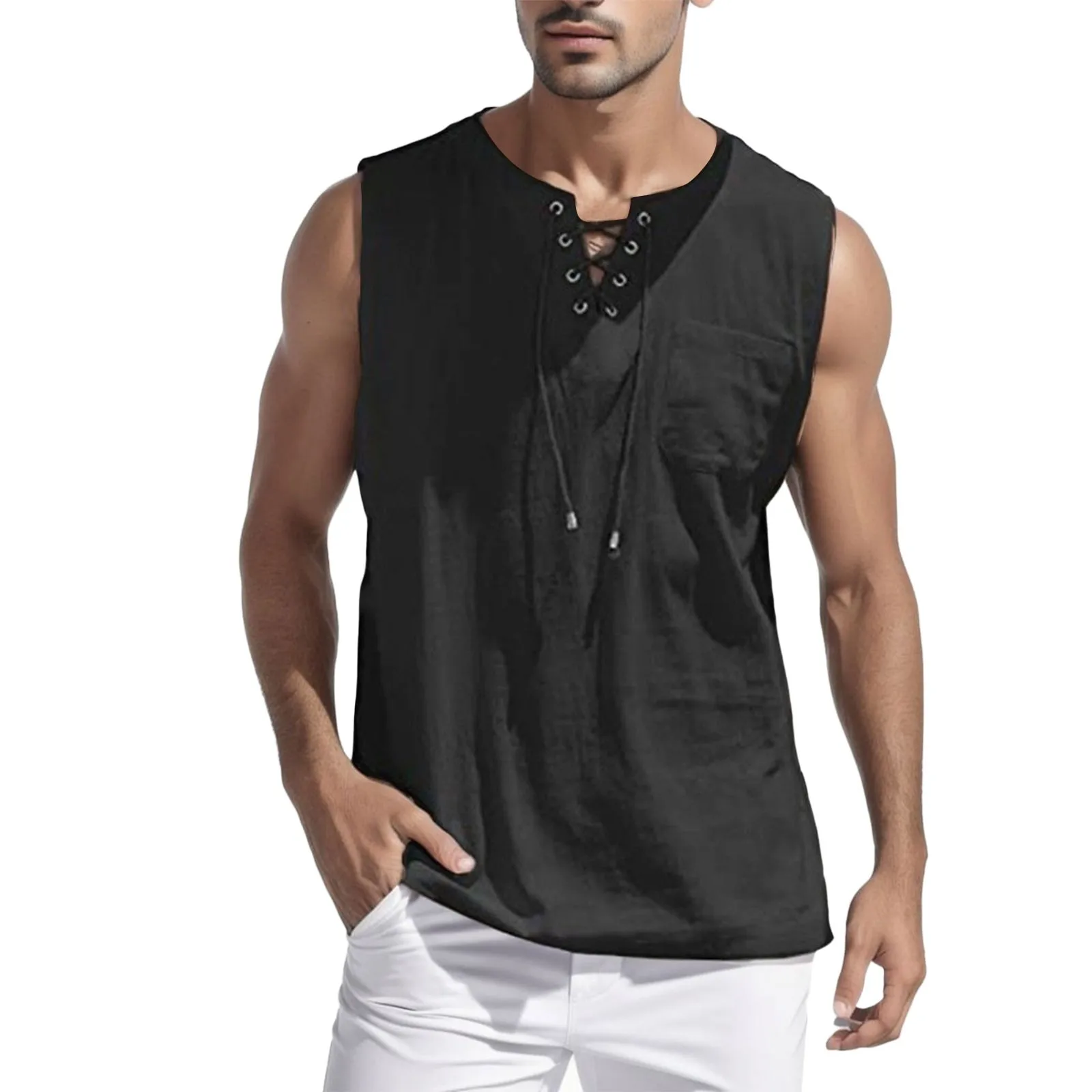 

Men Summer Vest Cotton Linen Drawstring Neck Sleeveless T-Shirt Vintage Solid Color Oversized Pollover Breathable Beach Male Top