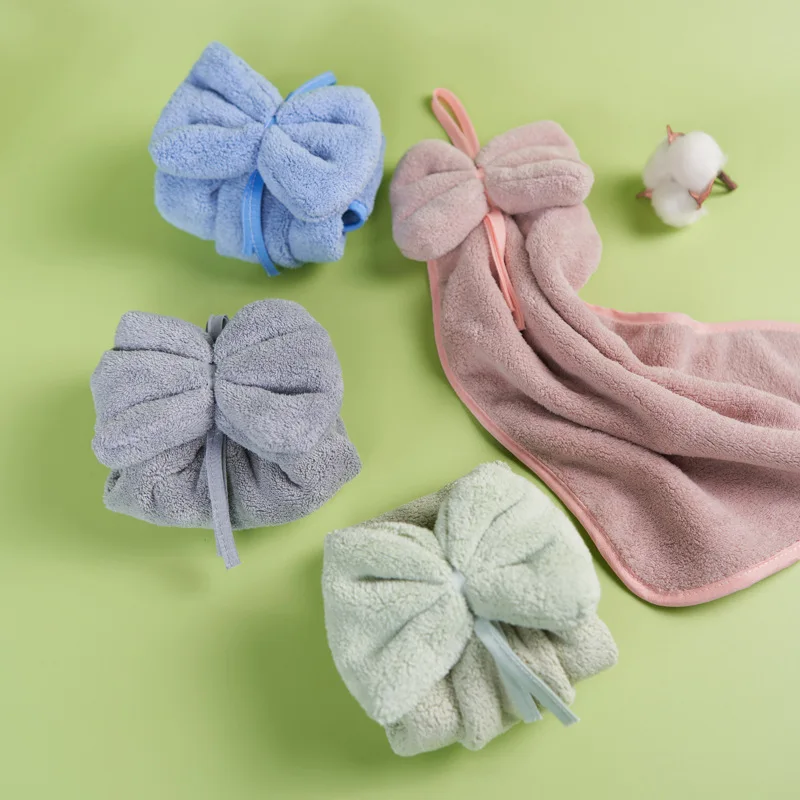 

Absorbent and Quick-drying Hand Towels Coral Fleece Hanging Bow Hand Towel For Home Microfiber Kitchen Bathrobe Textile Garden