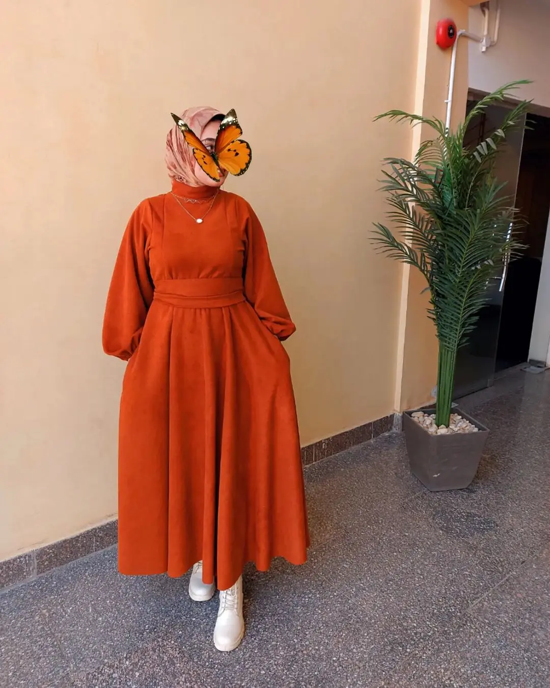 

Duabi Arabic Dark Orange Thick Fabric Women Evening Dress Kaftan Puffy Long Sleeves Formal Party Gowns Prom Dress