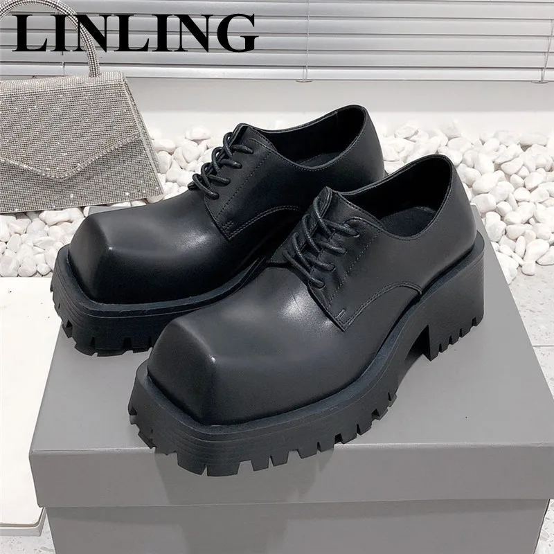 

Spring Autumn Women Derby Platform Square Toe Black Flats Real Leather Lace up Loafers Women Shoes Female Oxford Shoes Lady 2023
