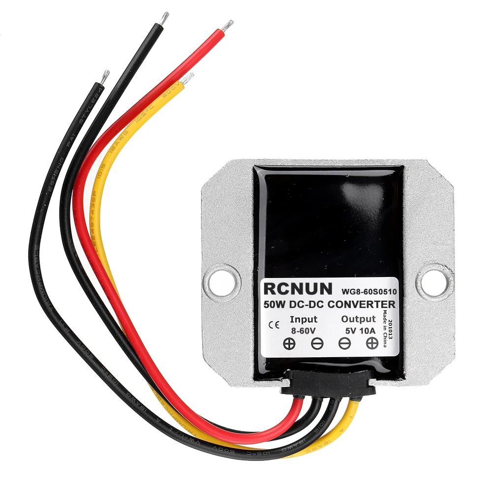 RCNUN 차량용 LED 벅 모듈 전원 공급 장치, 8-60V-5V 10A 스텝 다운 DC 컨버터, 12V 24V 36V 48V-5V 50W