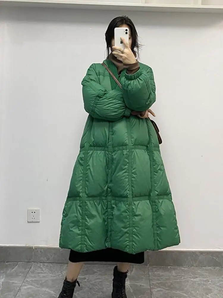 

Vintage Long Loose Down Jacket Women V-neck 90% White Duck Down Korean Fashion Thickened Warm A-Line Snow Outwear Puffer Coat