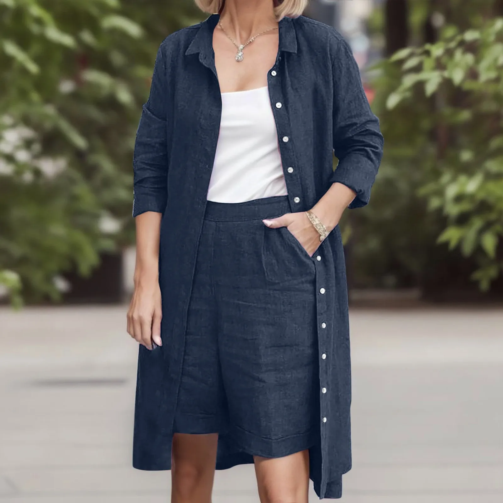 

Женский Оригинальный костюм, комплект из двух предметов с длинным рукавом, женские свободные повседневные комплекты, длинная рубашка и шорты, комплекты для женщин 2023