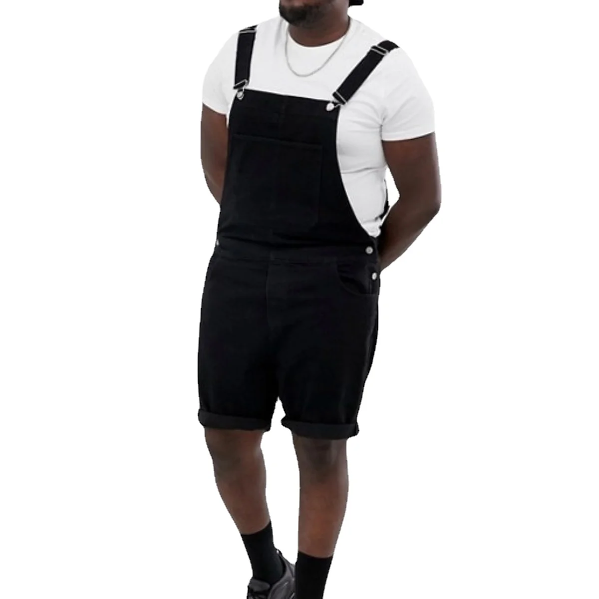 Vintage Men's Denim Rompers Black Looped Shorts Overalls One-piece Suspenders Summer Casual Jumpsuit Men
