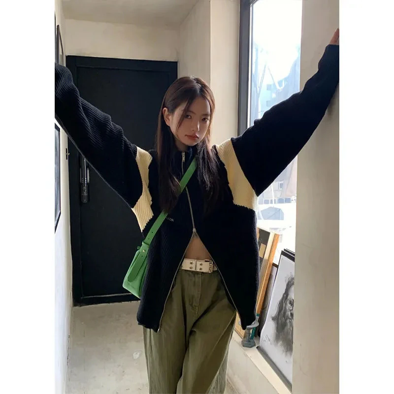 

MEXZT Y2K Knitted Cardigan Women Harajuku Patchwork Sweater Coat Streetwear Korean Oversized Zipper Knitwears Casual Jumper Tops