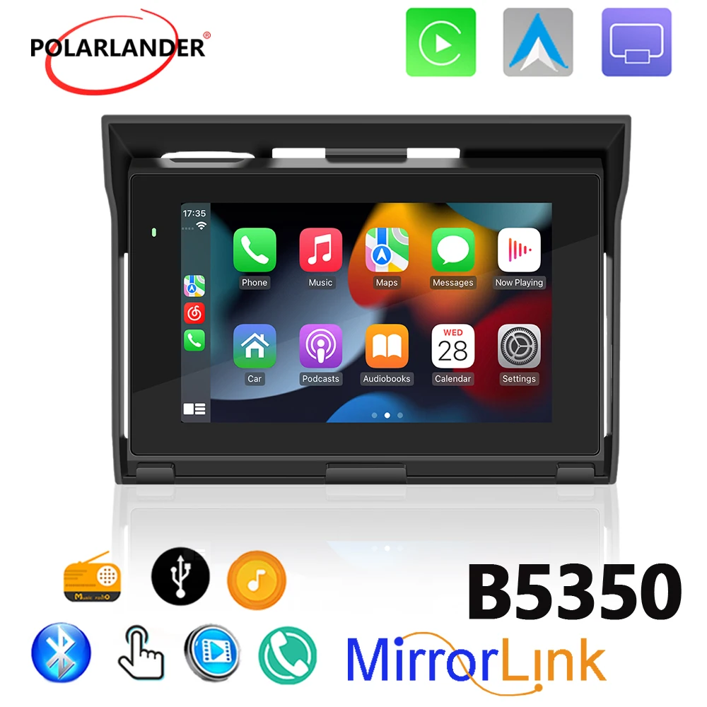 5인치 오토바이 휴대용 MP5 - 카플레이 안드로이드 오토 블루투스 5.0 9-30V 광범위 전압 차양 및 브래킷 세트