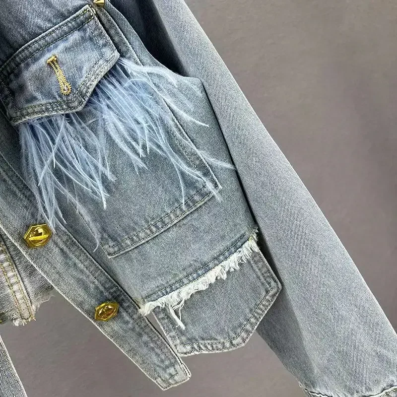 Korean Women Vintage Irregular Rivets Denim Coats Blue Long Sleeve Single Breasted Feathers Short Jean Jacket Outwear Streetwear
