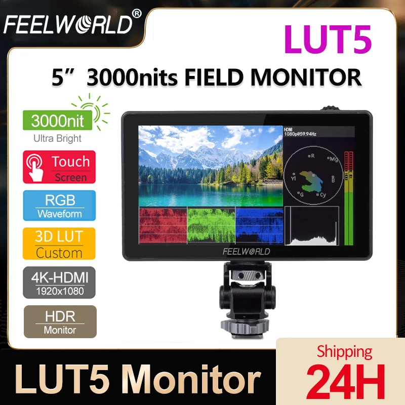 FEELWORLD LUT5 5.5 Inch 3000nit 4K Touch Screen Monitor 3D LUT HDR 1920X1080 Camera Field Monitor with F970 External Power