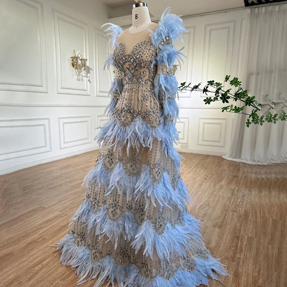 SERENE HILL Blue Feathers Luxury Beaded A-Line Evening Dress 2024 Long  Sleeves Elegant For Women Formal Party Gown CLA71816 - AliExpress