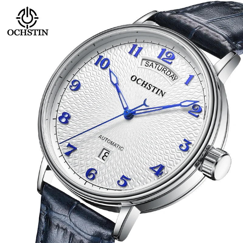 OCHSTIN Day Date Gents Watches 2023 Gift for Men Automatic Mechanical Business Wristwatches 40mm Analog Male Clock Leather Strap