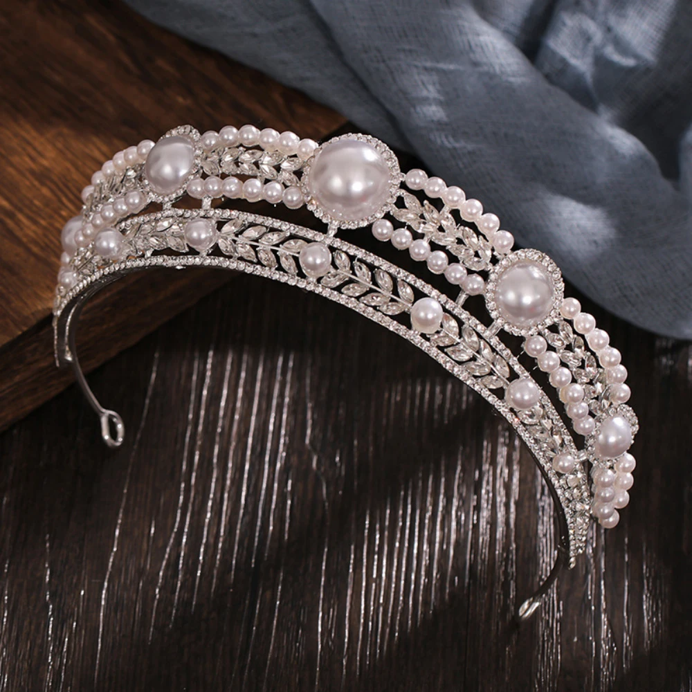 

HB07 White Pearls Bridal Crown Woman Headband Brides Wedding Hair Accessories Diamond Headdress Pageant Headwear Hair Ornament