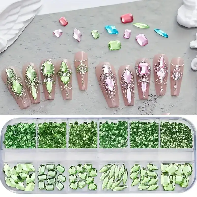 3D Nail Art Rhinestones 12-grid Super-Shiny Flatback Rhinestones Decorative Nail Art Adhesive Multiple Shapes DIY Nail Designs