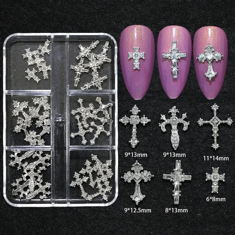 6개입 박스형 크로스 네일 합금 장식품 심플 화이트 K 다이아몬드 메탈 네일 액세서리 데코레이션