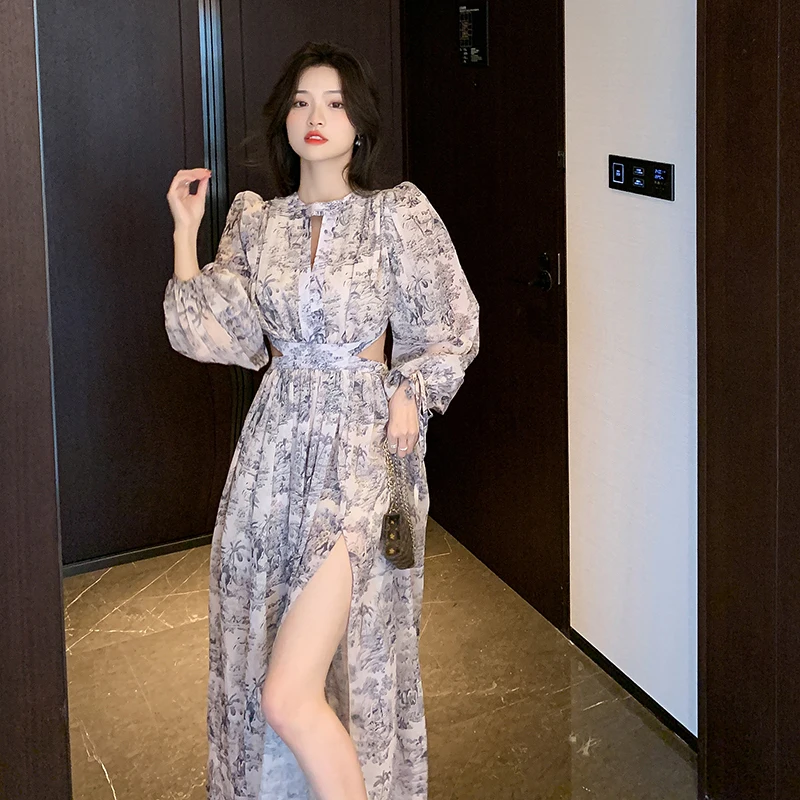 

French Round Neck Long Sleeve Chiffon Beach Skirt Seaside Holiday New Lantern Sleeve Elegant Party Dresses for Women 2023