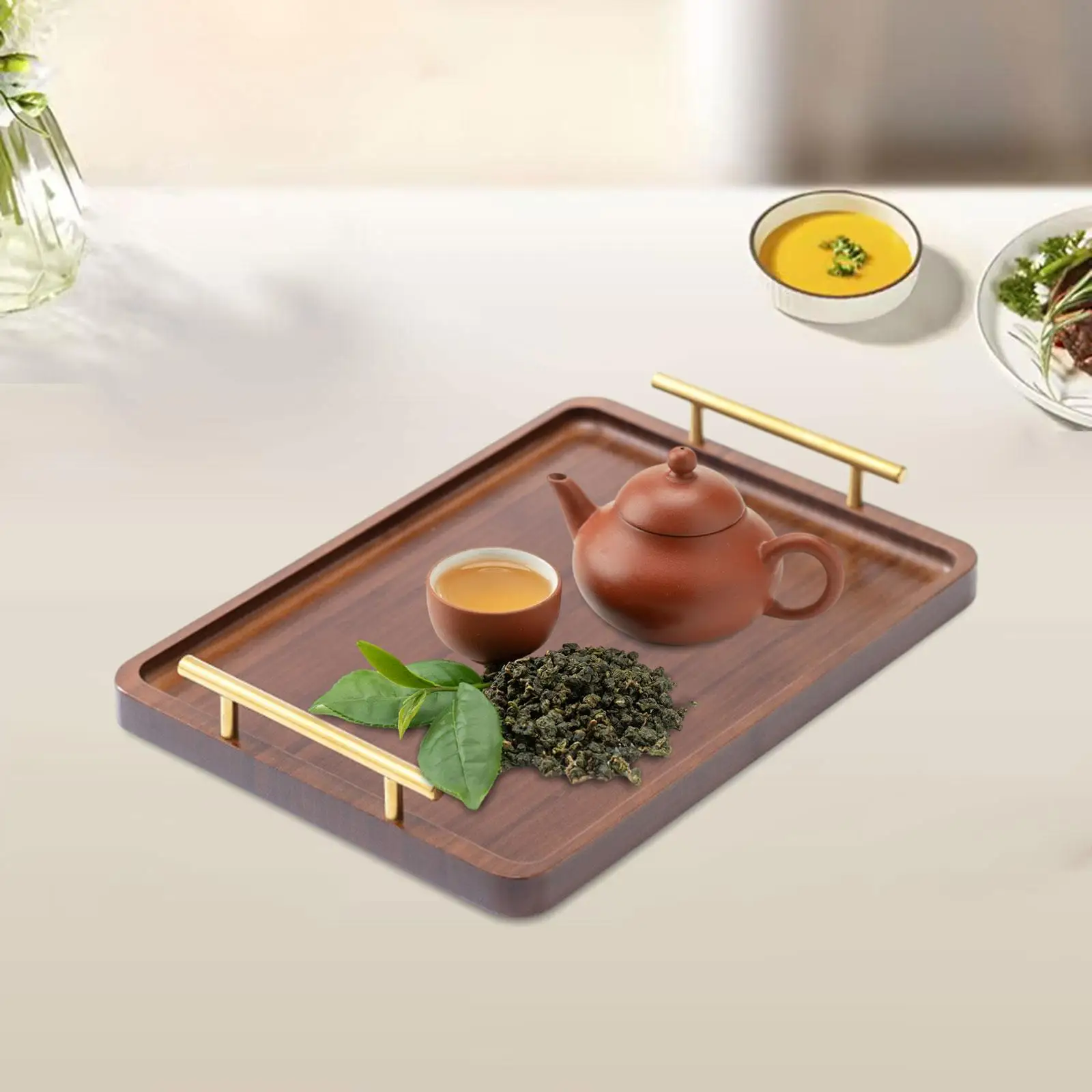 Wooden Serving Tray Snack Tray with Metal Handles Food Tray Plate Decorative Tray Coffee Table Tray for Table Decor Kitchen