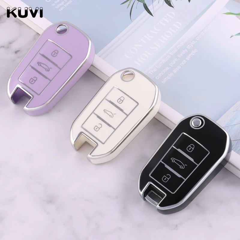 KUNIO Custodia Portachiavi Auto TPU Morbida Per Peugeot, Citroen, Opel - 3 Tasti Argento + Portachiavi