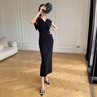 Black Hepburn Sleeveless Doll Neck Dress Women Slim Knee Length Dress Summer High Waist Split Zipper Straight Dress - Image 3