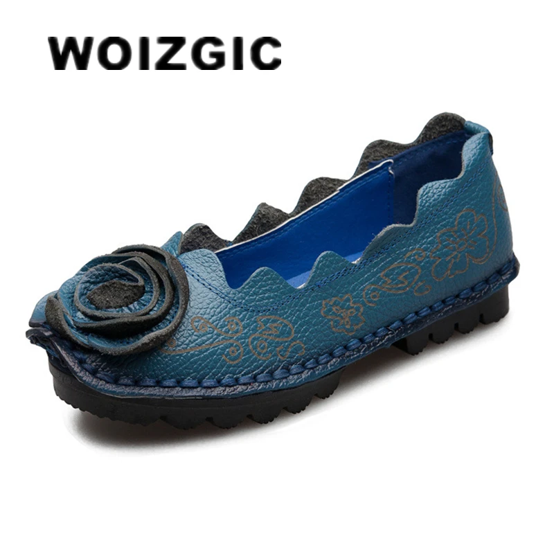 

WOIZGIC Women Mother Female Ladies Shoes Flats Loafers Cow Genuine Leather Round Slip On Pigskin Floral Flower 35-42 XR-1