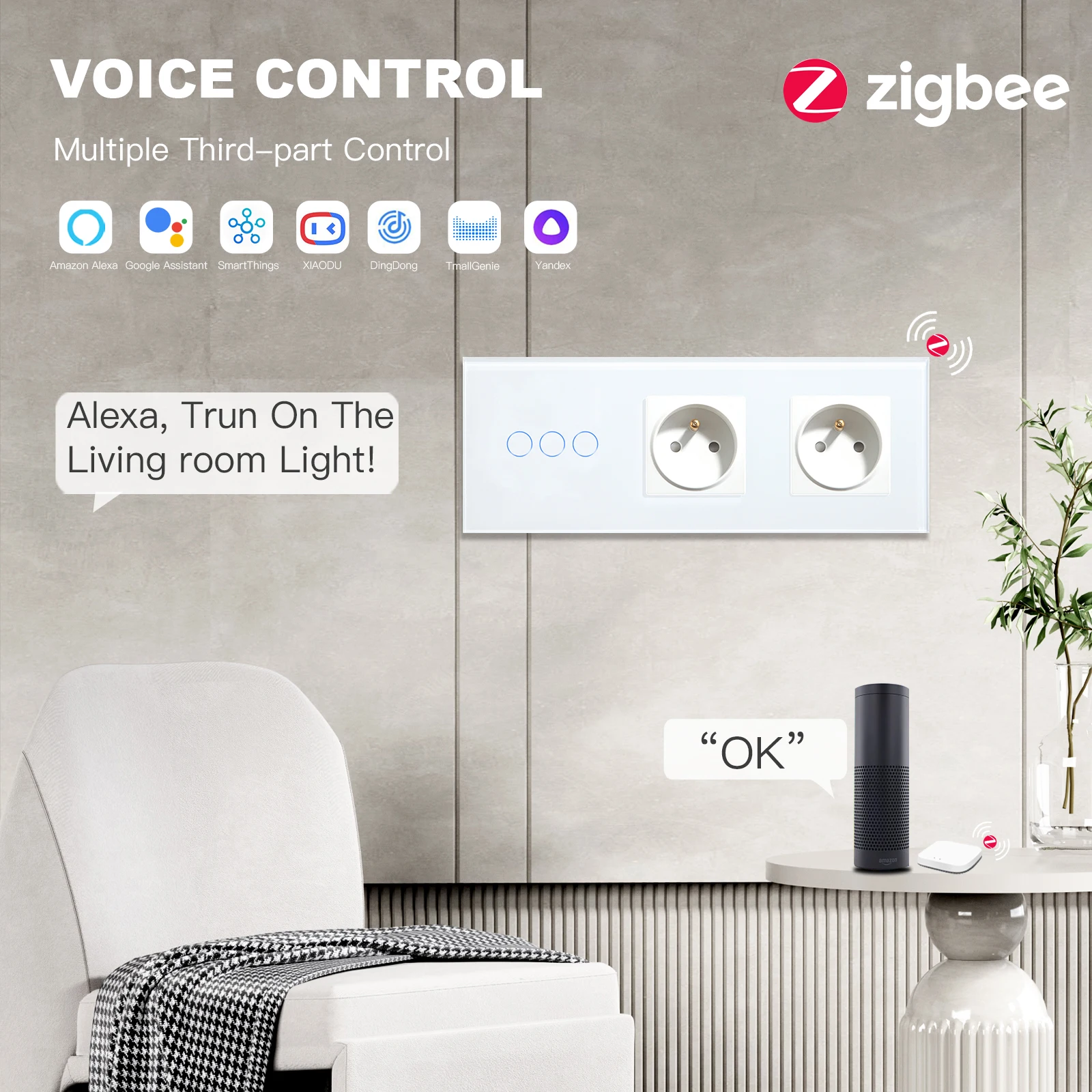 BSEED ZigBee 조명 스위치 1/2/3Gang 스마트 터치 스위치 Smart USB C가 없는 일반 프랑스어 소켓이 있는 스마트 라이프 APP 유리