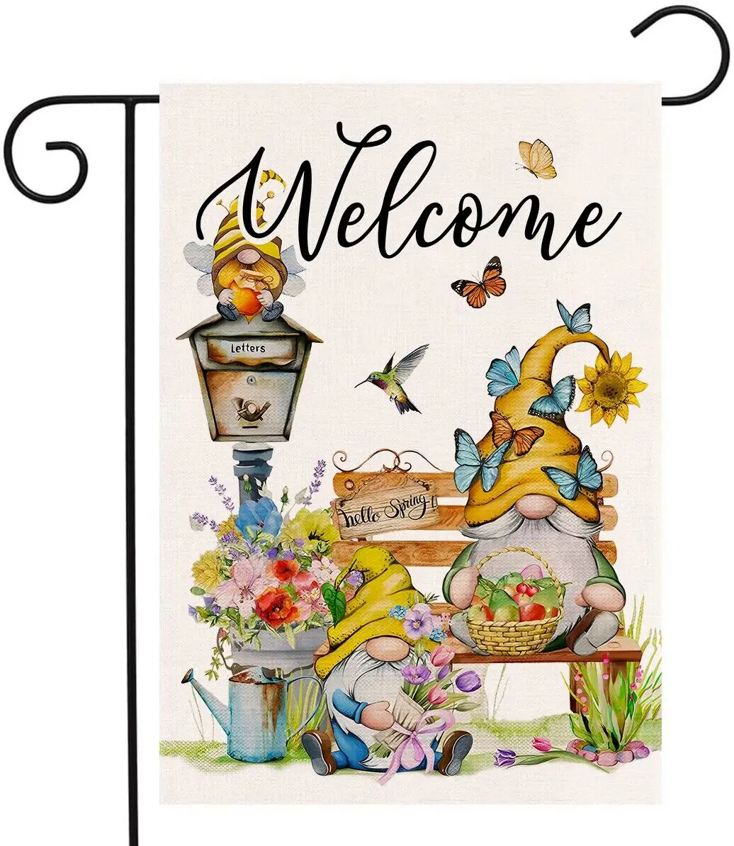

Gnome Floral Welcome Garden Flag 12×18 Inch Double Sided for Outside Floral Christmas Spring Burlap Seasonal Yard Flag