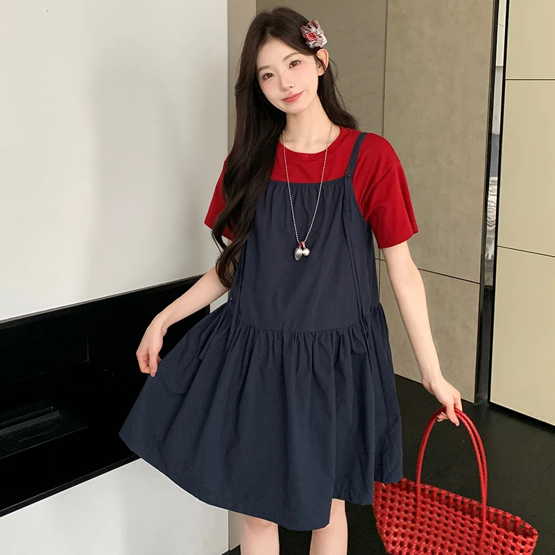 여름 임부복 세트 2025 신상 한국 스타일 레트로 반팔 티셔츠 미디 스트랩 원피스 투피스 세트 면 소재