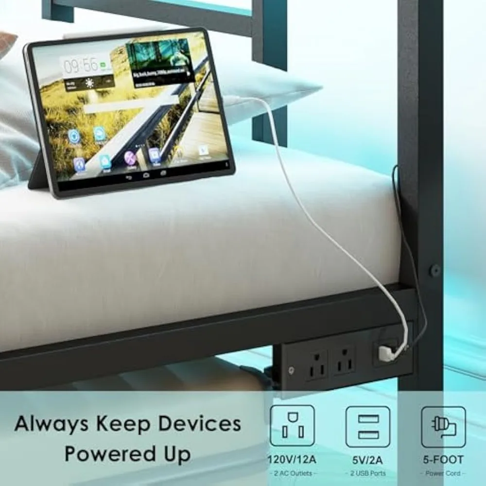 Double Bed Rack with Charging Station, Metal Bed Rack with Ports and Sockets, Double Bed Rack with Storage Space 3