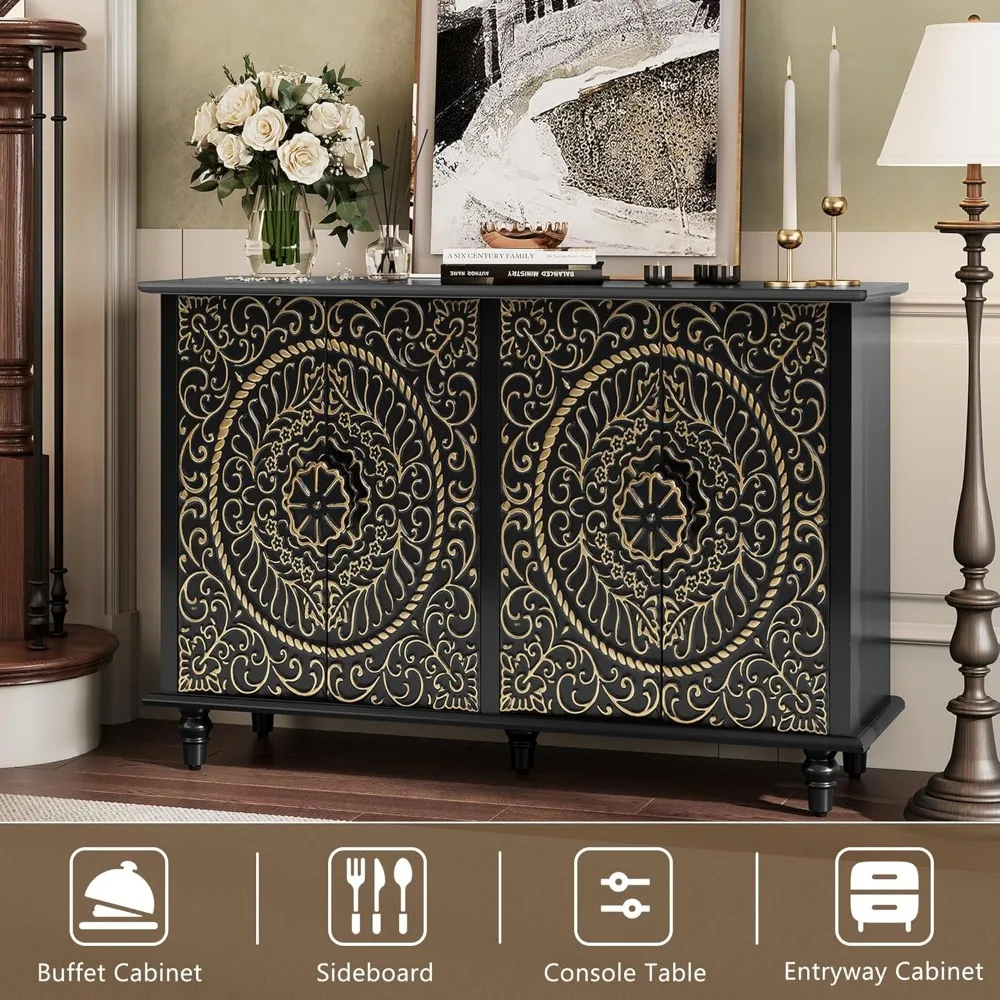 Decorative Sideboard Buffet Cabinet with 4 Doors, Black Accent Storage Cabinet with Carved Flower Pattern, Wood Credenz 4