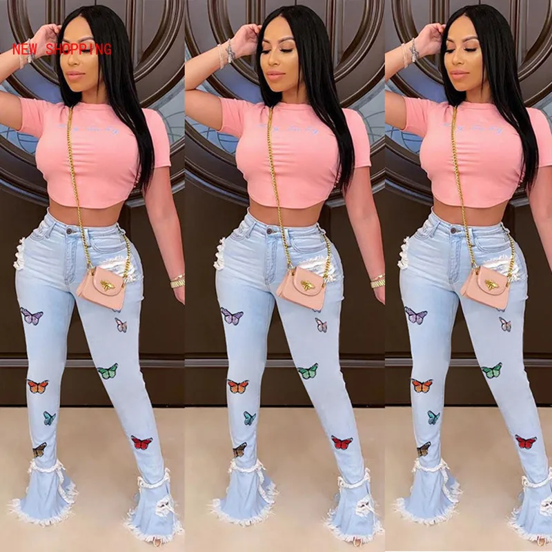 

Plus Size Wide Leg Denim Pants Autumn 2021 High Waist Flare Jeans Black Ripped Female Jeans for Women Skinny Jeans Mom Pants