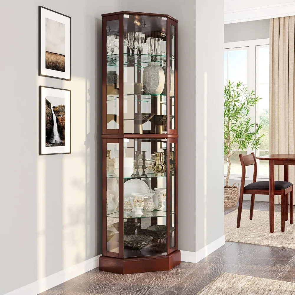 

Corner Display Curio Cabinet Wooden Curved Shelving Unit with Tempered Glass Door, Bar and Liquor Storage Area with 6 Shelves