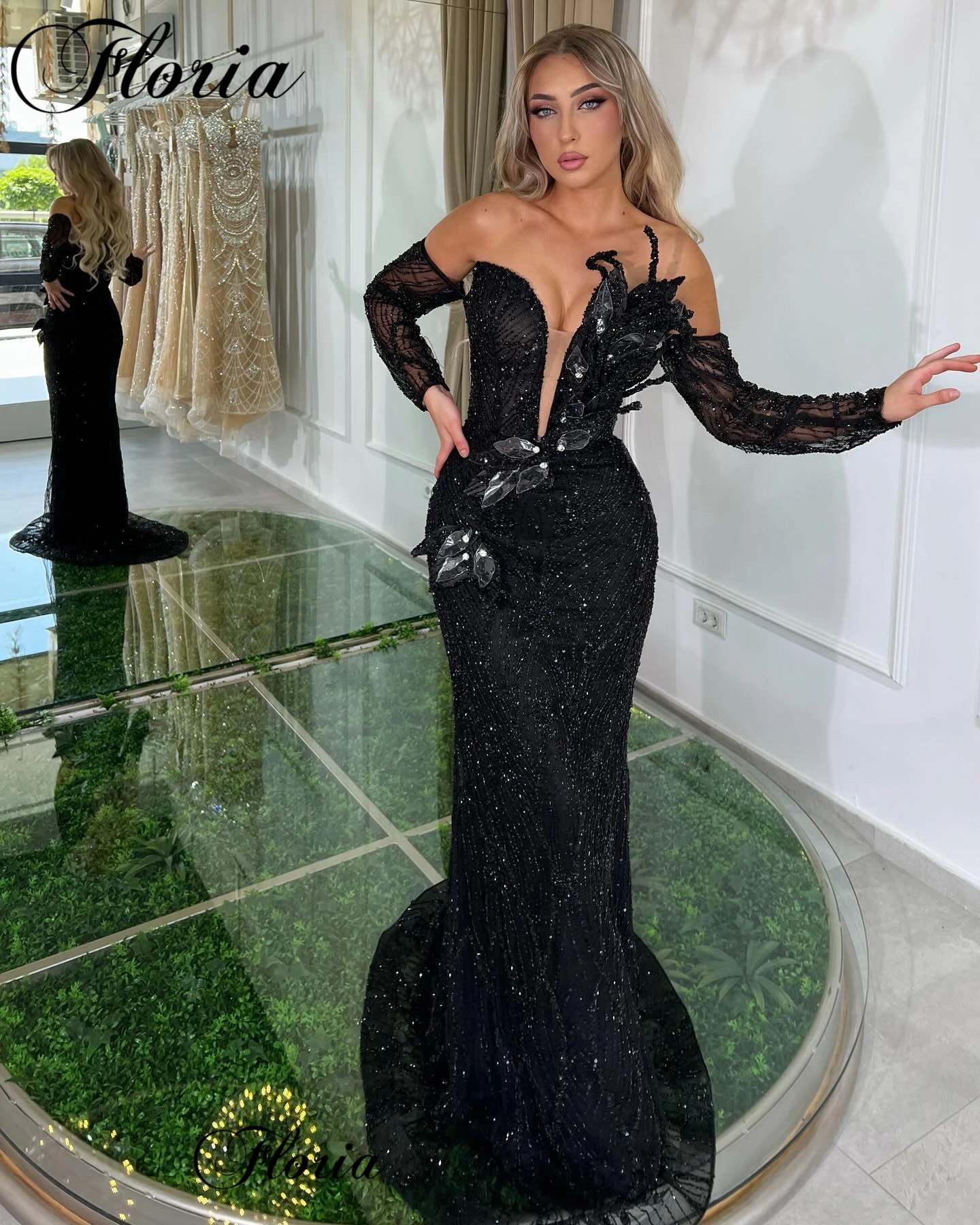 Trendy Velvet Bottle Neck Crystals Off Shoulder Celebrity Evening Gown JTE773
