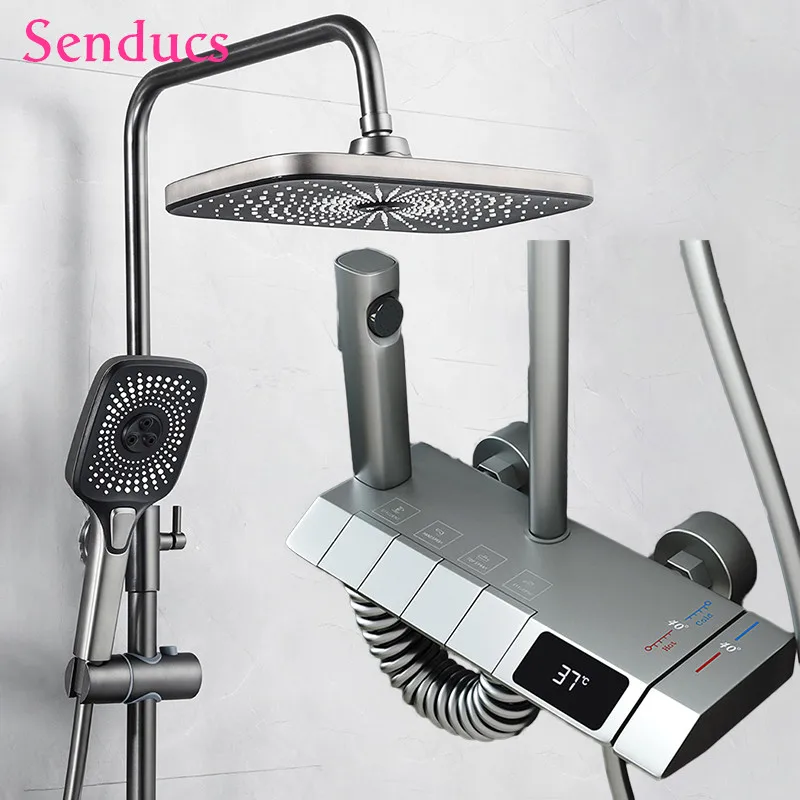 Newly Digital Piano Bathroom Shower System Wide Panel Brass Shower Faucets Mixer Luxury Gray Thermostatic Bathroom Sets