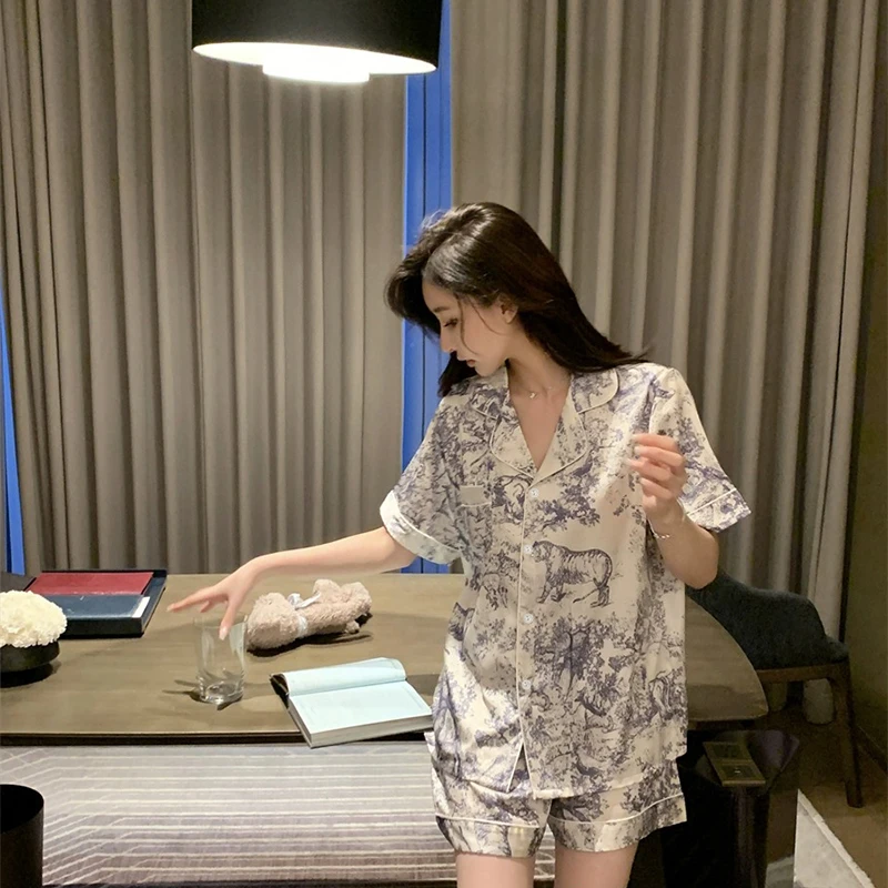 China Style Ink and Wash Landscape Painting Pajamas Women New Summer Cool Female Sleepwear Classic Elegant Short Housewear women pajamas set women pajama suit cotton pajamas set