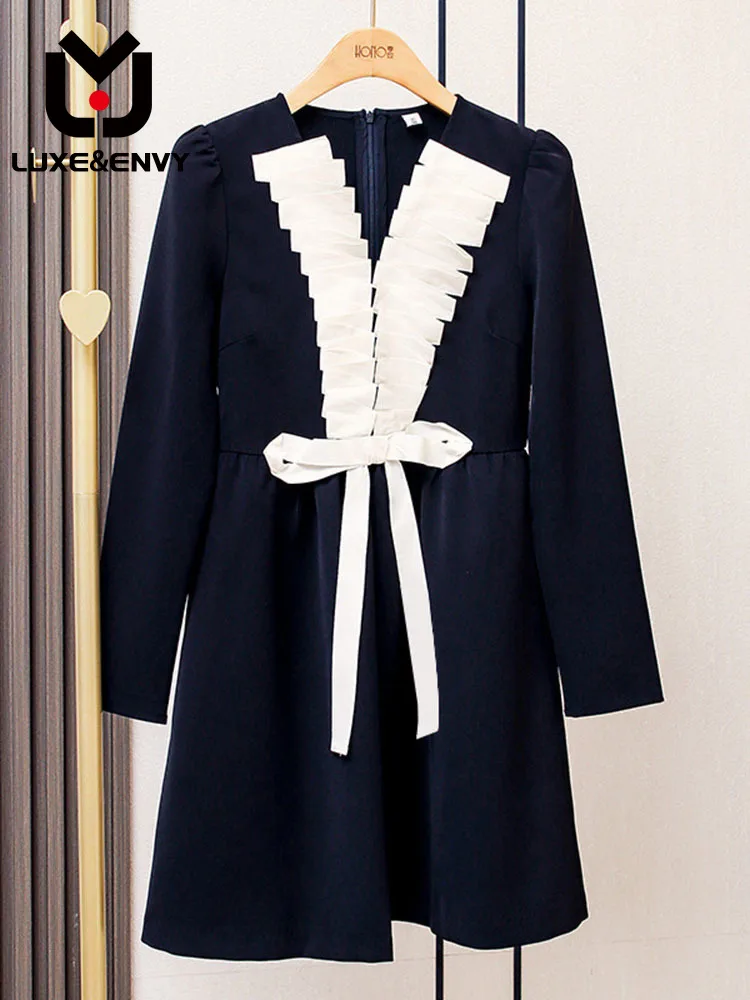 

LUXE&ENVY [] 2023 Spring Yang Mi Li Same Black Bow Colored Long Sleeve Dress Women