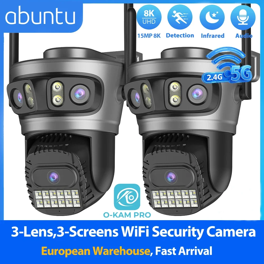 2 caméras de sécurité WiFi PTZ 15MP 8K 2.4G/5G à trois objectifs et trois écrans, caméra de surveillance extérieure avec détection humaine, application O-KAM PRO 1