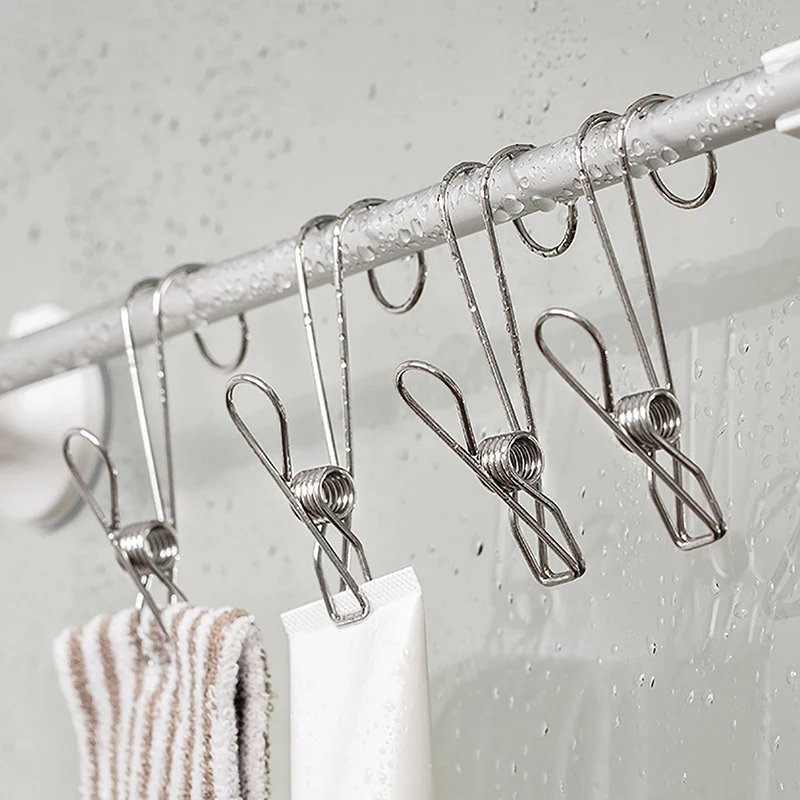 

4 Pcs Stainless Steel Long Tail Clip With Hooks Metal Hanger Clips Clothes Pins For Hanging Outdoor Kitchen Office
