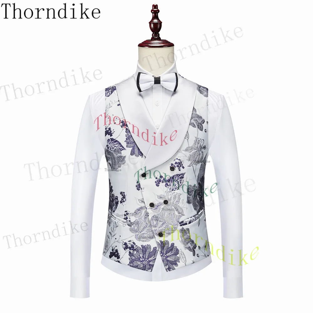 Thorndike New Men Casual Boutique Business Slim Print Flower Single Breasted Formal Suit Set Dress Blazers Jacket Pant Vest