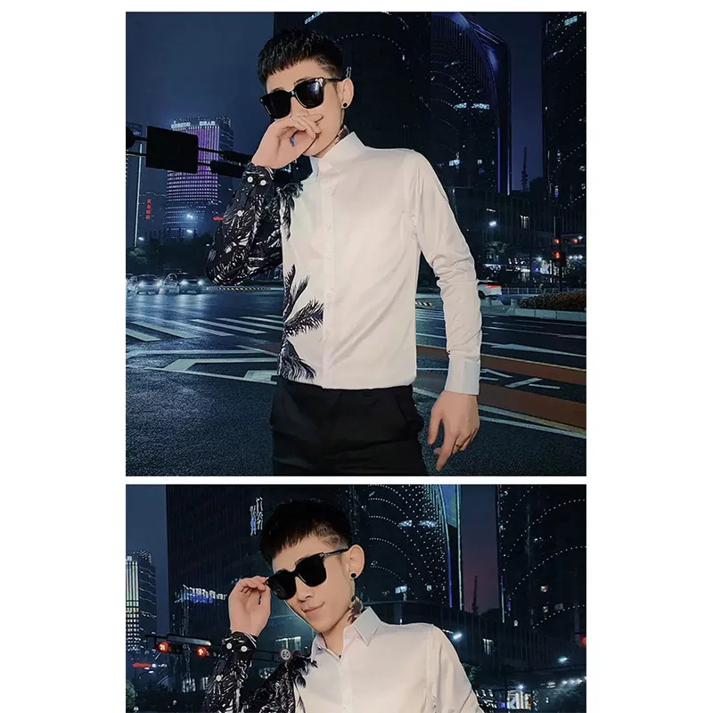Autumn KPOP Fashion Style Harajuku Slim Fit Ropa Hombre Loose Casual All Match Shirt Pointed Collar Printed Long Sleeve Blusa