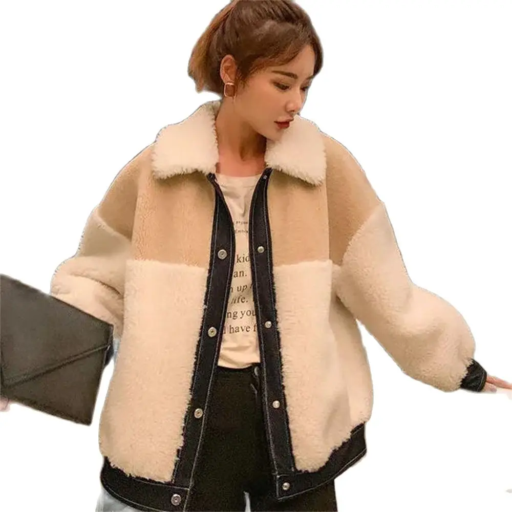 

Lamb Wool Patchwork Women Jackets Long Sleeve Casual Streetwear Outerwear Female 2024 Fall Winter Loose Jacket Tops Coats Warm