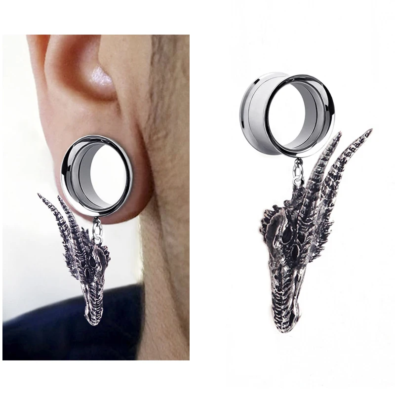 1Pc Dragon Head Pendant Ear Tunnel Tappi E Calibri Carne Piercing Expander Plug Orecchini