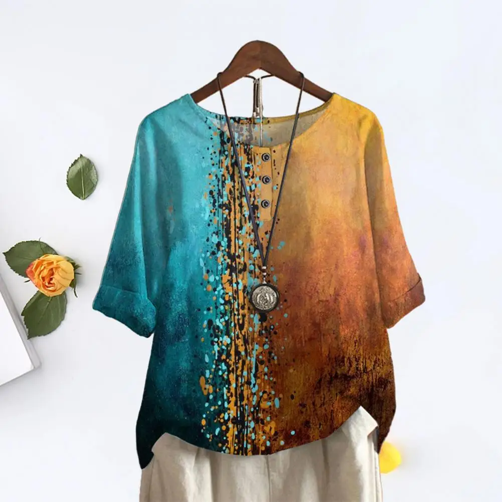 

Pullover Tops Buttons Neckline Women Shirt Summer Casual Loose Vintage Shirt