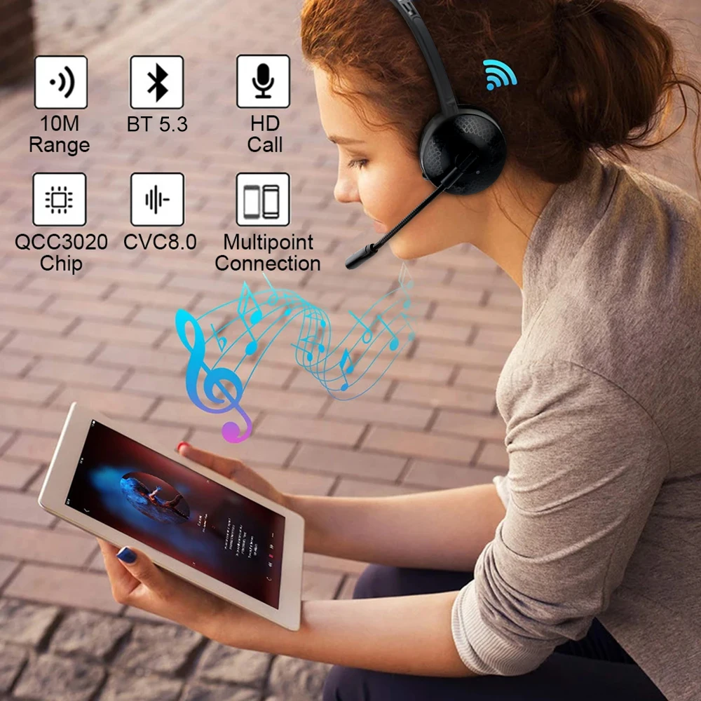 Bluetooth 5.3 Headphone Dual Noise Cancelling Microphone Clear Wireless&Wired Headset For PC Laptop Call Center Phones