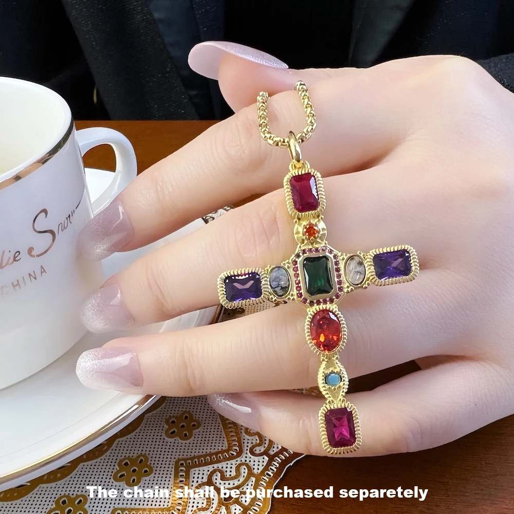 Golden Colourful Cross Pendant Fashion Jewelry Europe 925 Sterling Silver Vintage Gift Woman